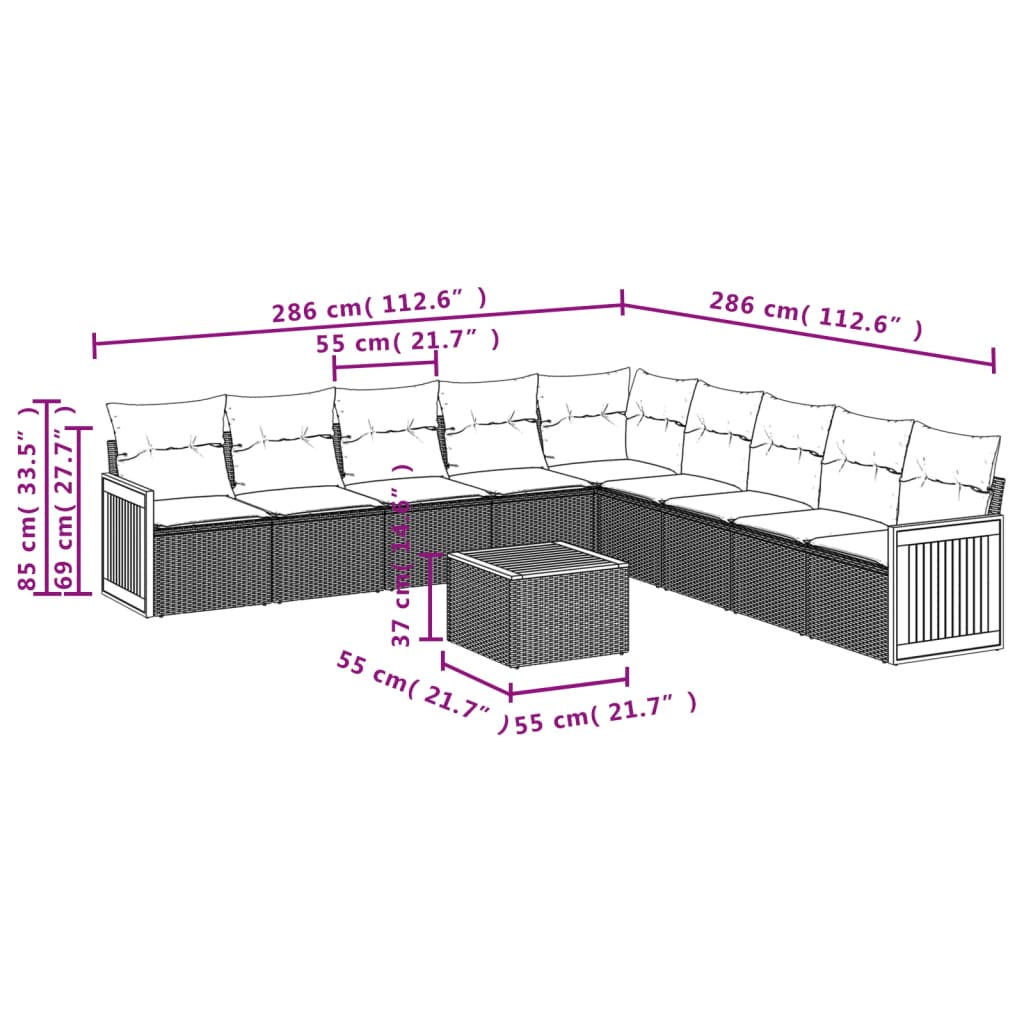 10-tlg. Garten-Sofagarnitur mit Kissen Schwarz Poly Rattan - Pazzar.ch