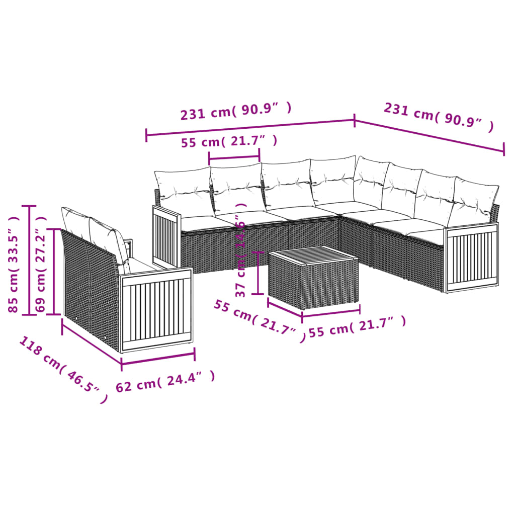 10-tlg. Garten-Sofagarnitur mit Kissen Schwarz Poly Rattan - Pazzar.ch