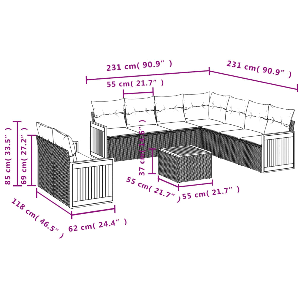 10-tlg. Garten-Sofagarnitur mit Kissen Schwarz Poly Rattan - Pazzar.ch