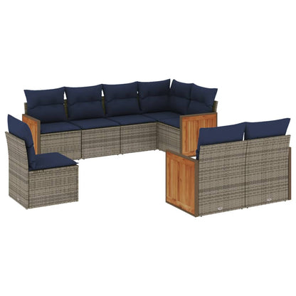 8-tlg. Garten-Sofagarnitur mit Kissen Grau Poly Rattan