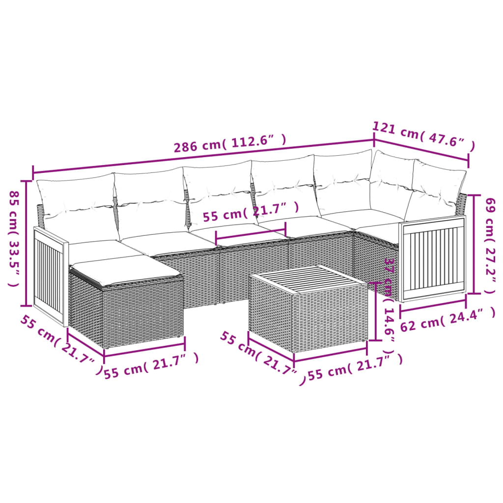 8-tlg. Garten-Sofagarnitur mit Kissen Grau Poly Rattan