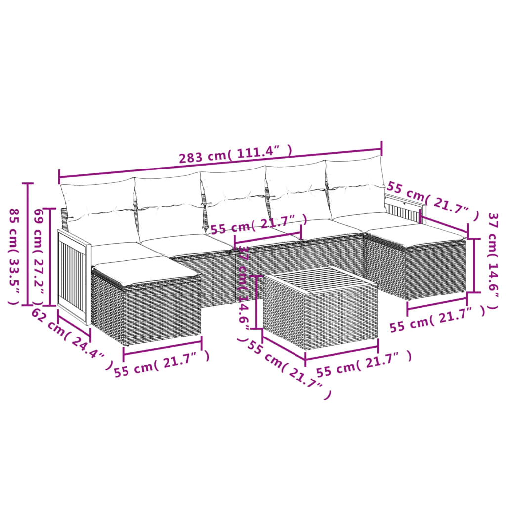 8-tlg. Garten-Sofagarnitur mit Kissen Grau Poly Rattan