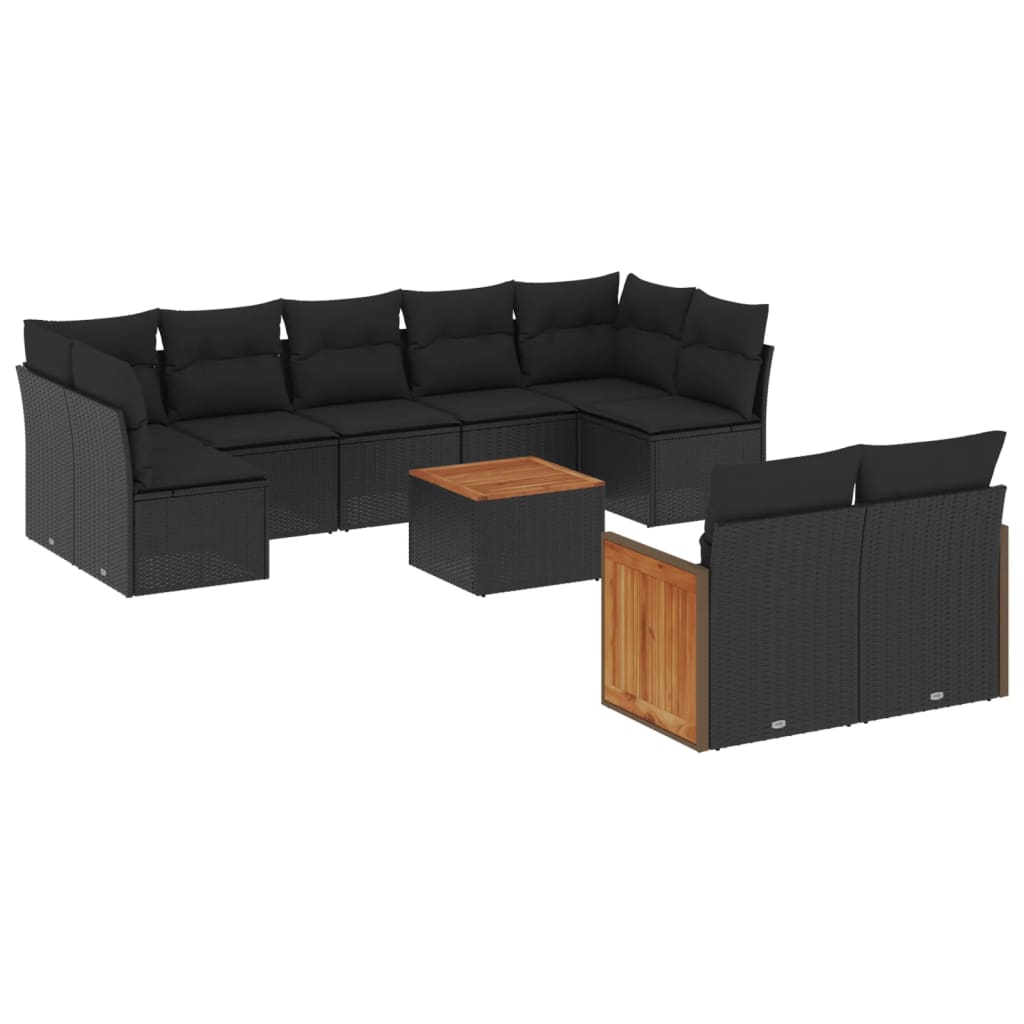 10-tlg. Garten-Sofagarnitur mit Kissen Schwarz Poly Rattan