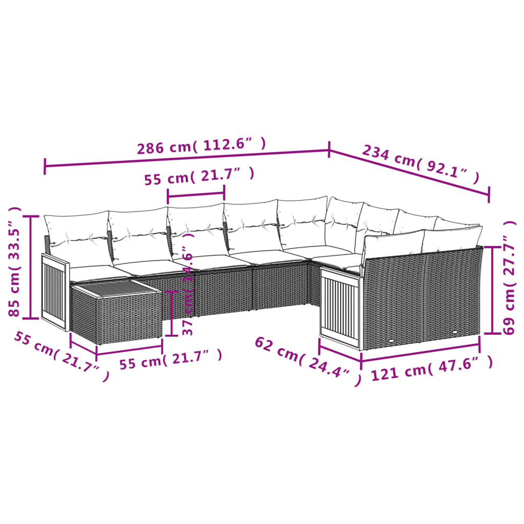 10-tlg. Garten-Sofagarnitur mit Kissen Schwarz Poly Rattan - Pazzar.ch