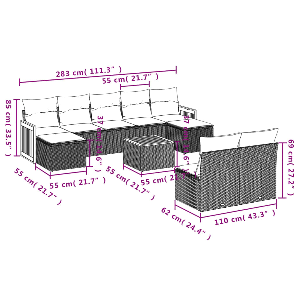 10-tlg. Garten-Sofagarnitur mit Kissen Schwarz Poly Rattan - Pazzar.ch