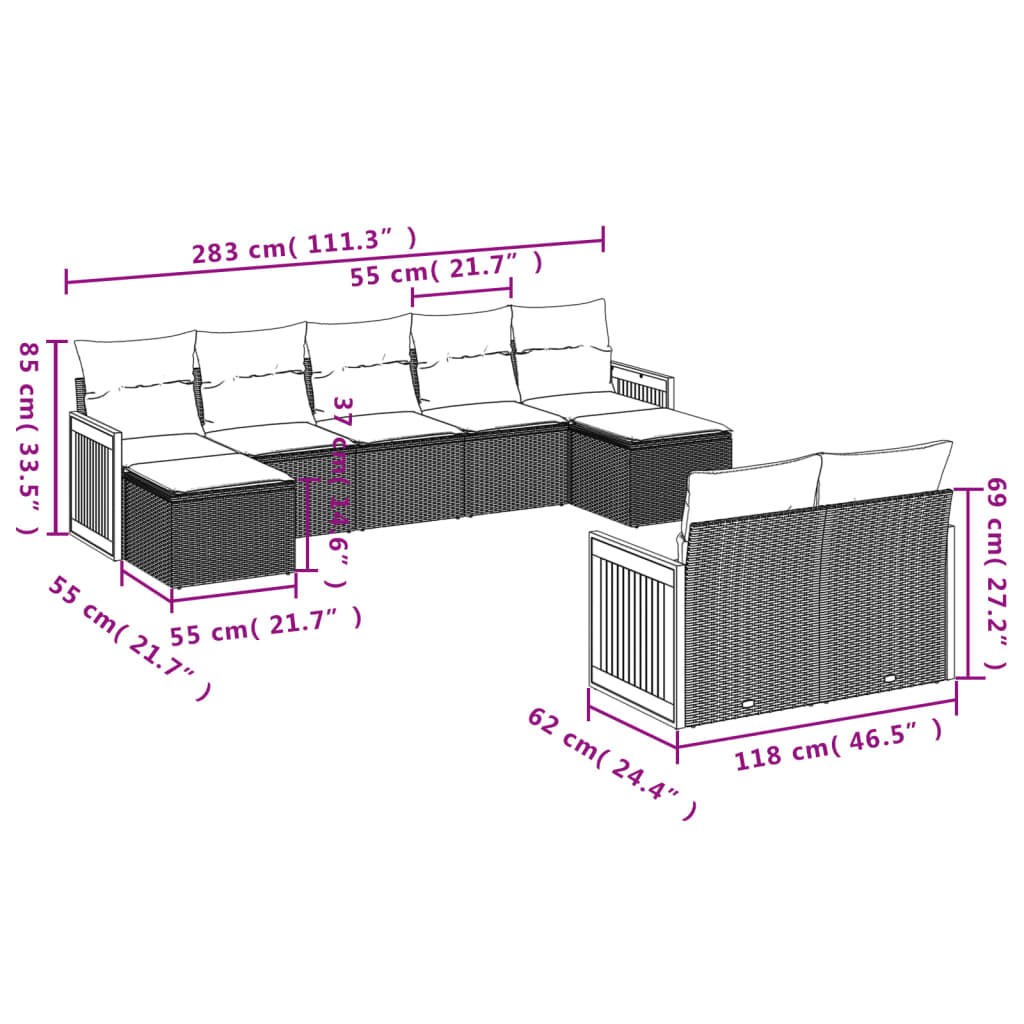 10-tlg. Garten-Sofagarnitur mit Kissen Schwarz Poly Rattan