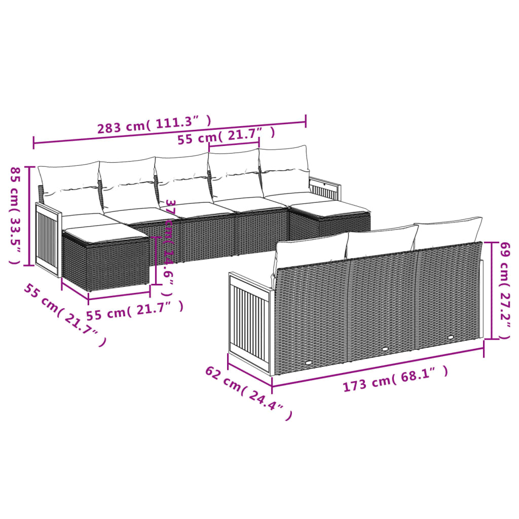 10-tlg. Garten-Sofagarnitur mit Kissen Schwarz Poly Rattan - Pazzar.ch