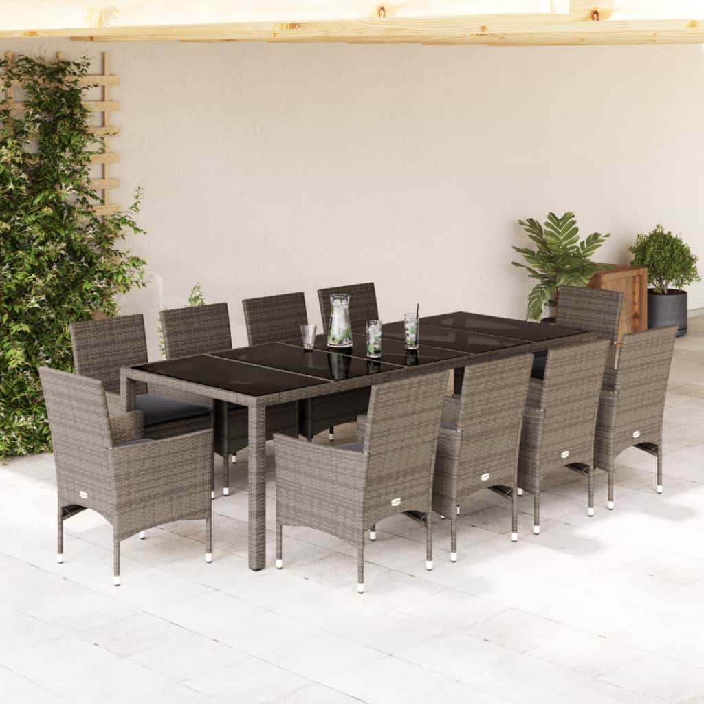 11-tlg. Garten-Essgruppe mit Kissen Grau Poly Rattan Glas - Pazzar.ch