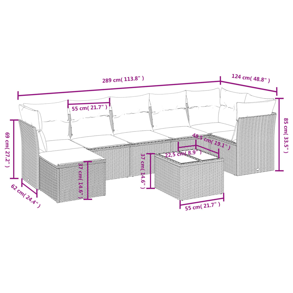 8-tlg. Garten-Sofagarnitur mit Kissen Hellgrau Poly Rattan - Pazzar.ch