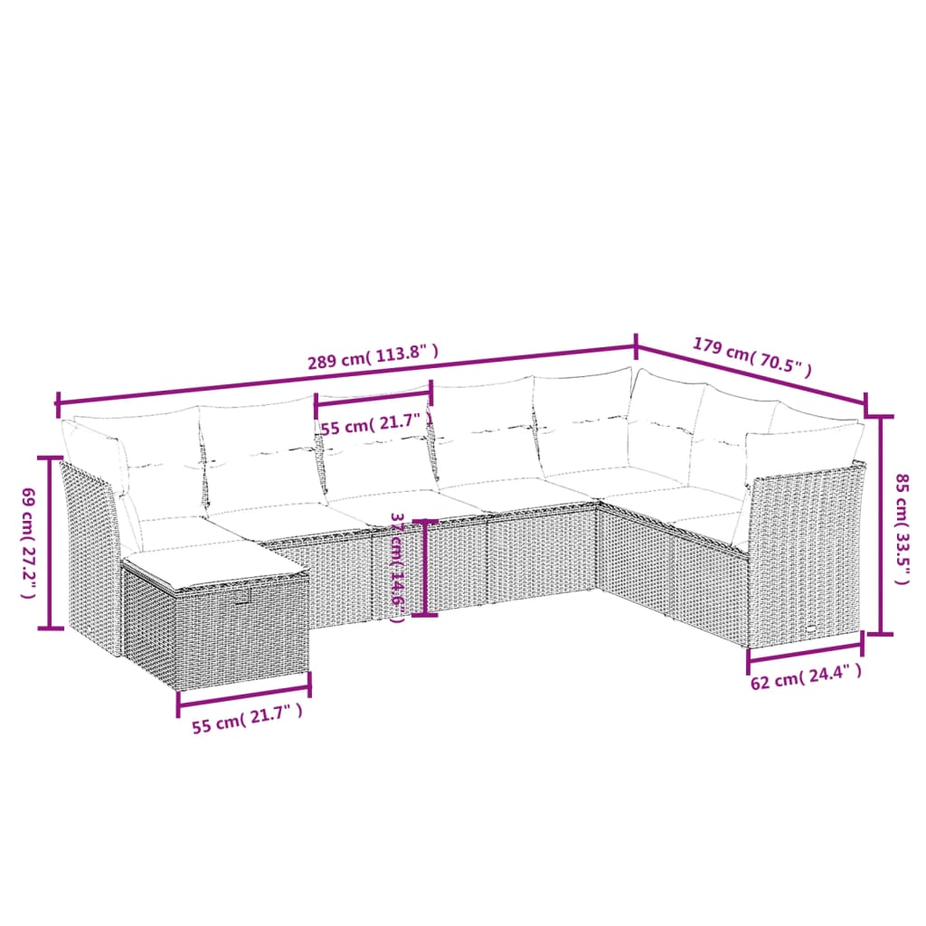 8-tlg. Garten-Sofagarnitur mit Kissen Hellgrau Poly Rattan - Pazzar.ch