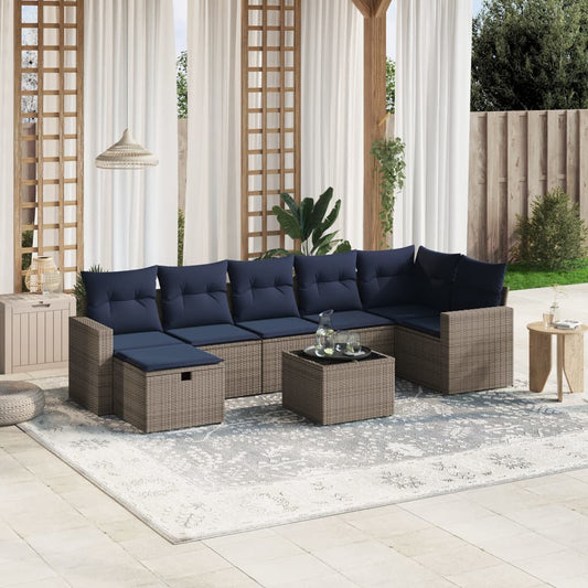 8-tlg. Garten-Sofagarnitur mit Kissen Grau Poly Rattan