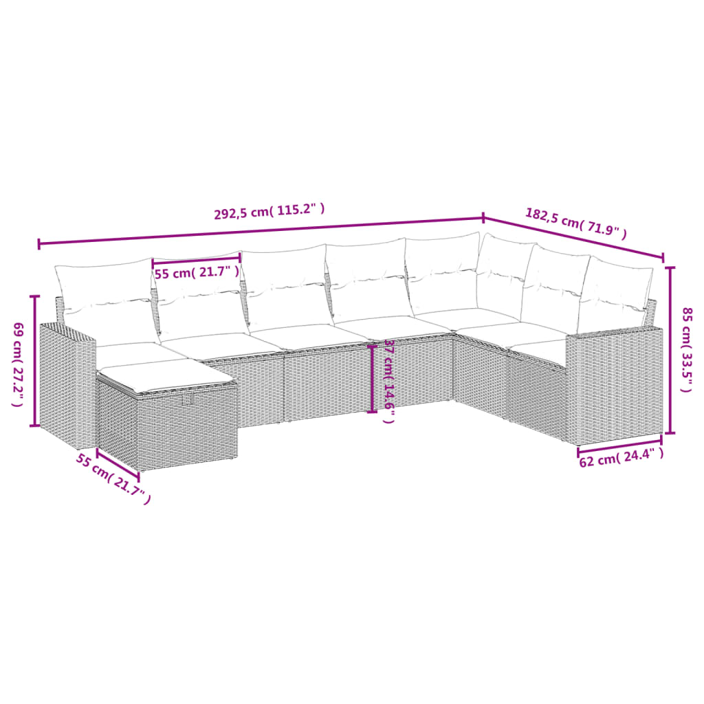 8-tlg. Garten-Sofagarnitur mit Kissen Hellgrau Poly Rattan - Pazzar.ch