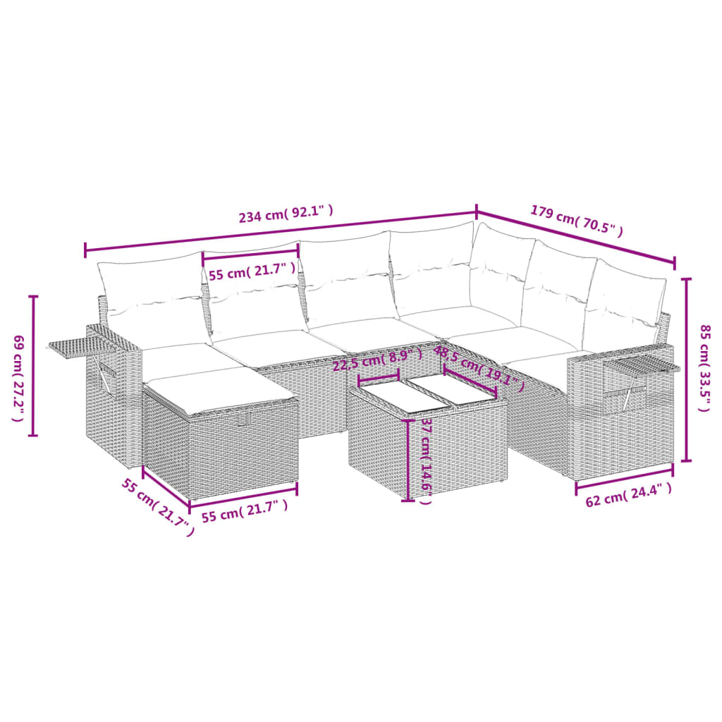 8-tlg. Garten-Sofagarnitur mit Kissen Hellgrau Poly Rattan - Pazzar.ch