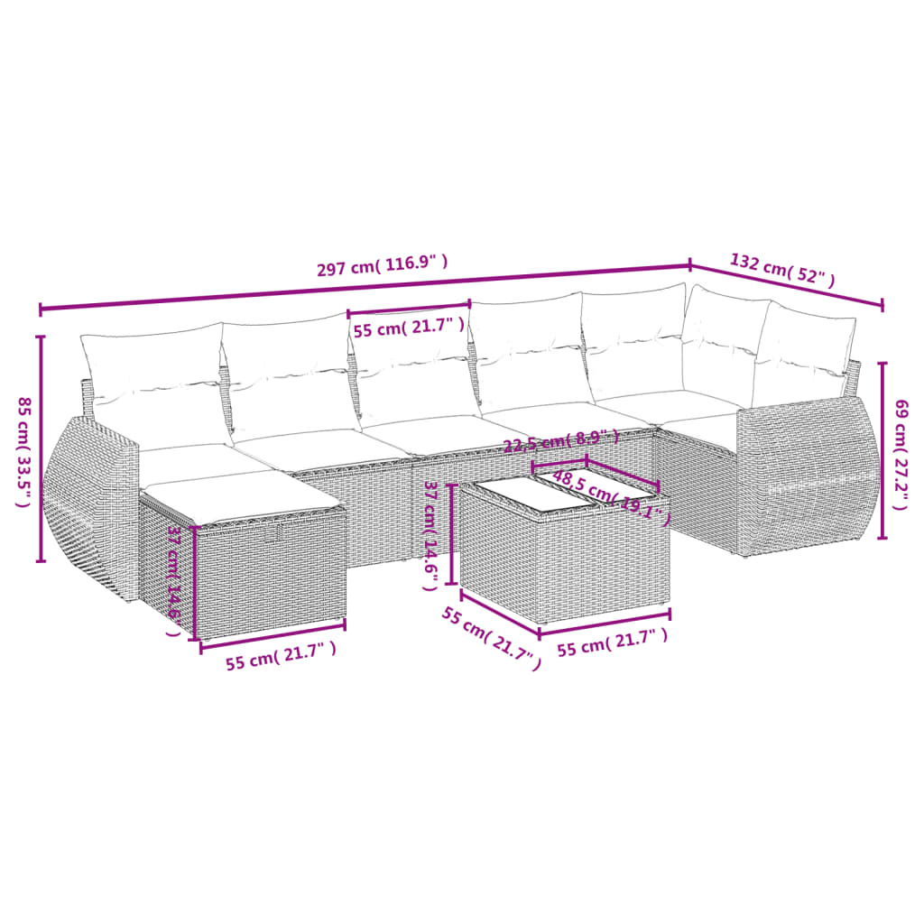 8-tlg. Garten-Sofagarnitur mit Kissen Hellgrau Poly Rattan - Pazzar.ch