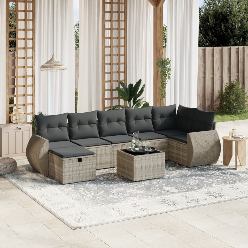 8-tlg. Garten-Sofagarnitur mit Kissen Hellgrau Poly Rattan - Pazzar.ch