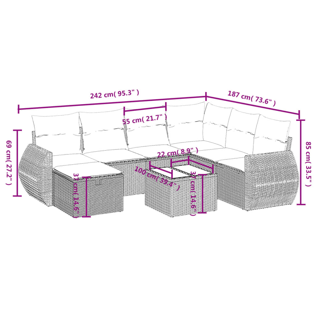 8-tlg. Garten-Sofagarnitur mit Kissen Hellgrau Poly Rattan - Pazzar.ch