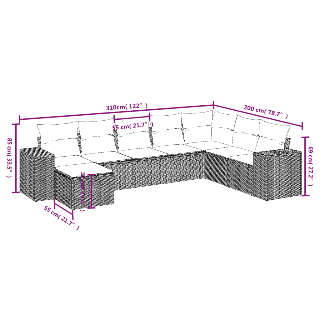 8-tlg. Garten-Sofagarnitur mit Kissen Hellgrau Poly Rattan - Pazzar.ch