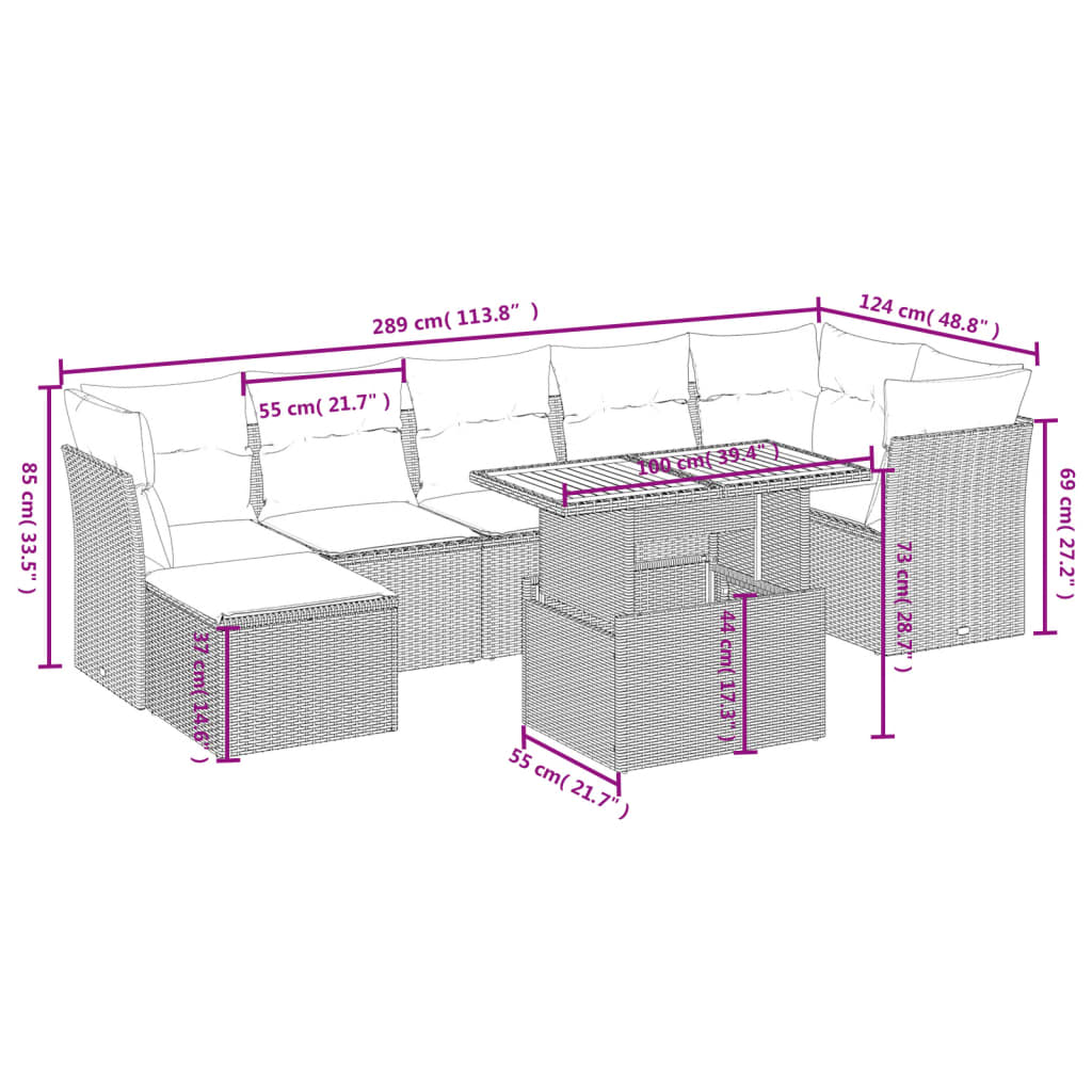 8-tlg. Garten-Sofagarnitur mit Kissen Schwarz Poly Rattan - Pazzar.ch