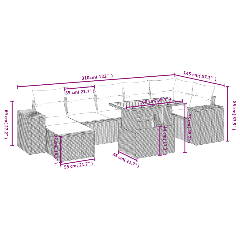 8-tlg. Garten-Sofagarnitur mit Kissen Schwarz Poly Rattan - Pazzar.ch