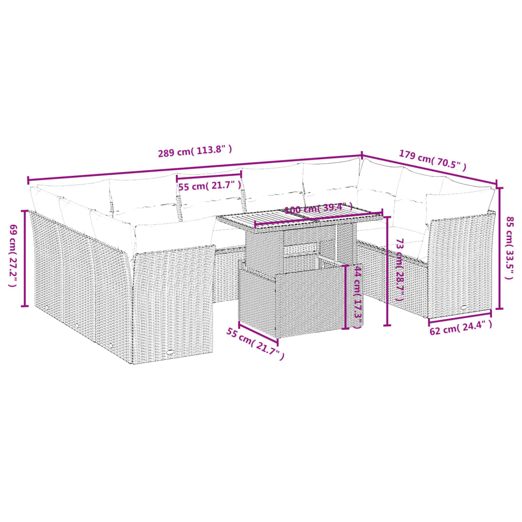 10-tlg. Garten-Sofagarnitur mit Kissen Beige Poly Rattan - Pazzar.ch