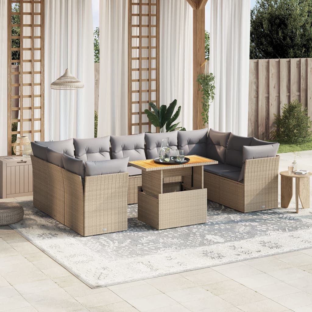 10-tlg. Garten-Sofagarnitur mit Kissen Beige Poly Rattan - Pazzar.ch