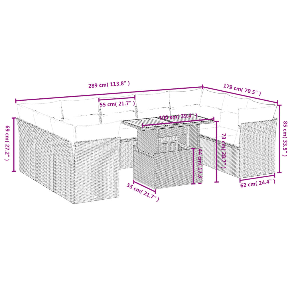 10-tlg. Garten-Sofagarnitur mit Kissen Grau Poly Rattan