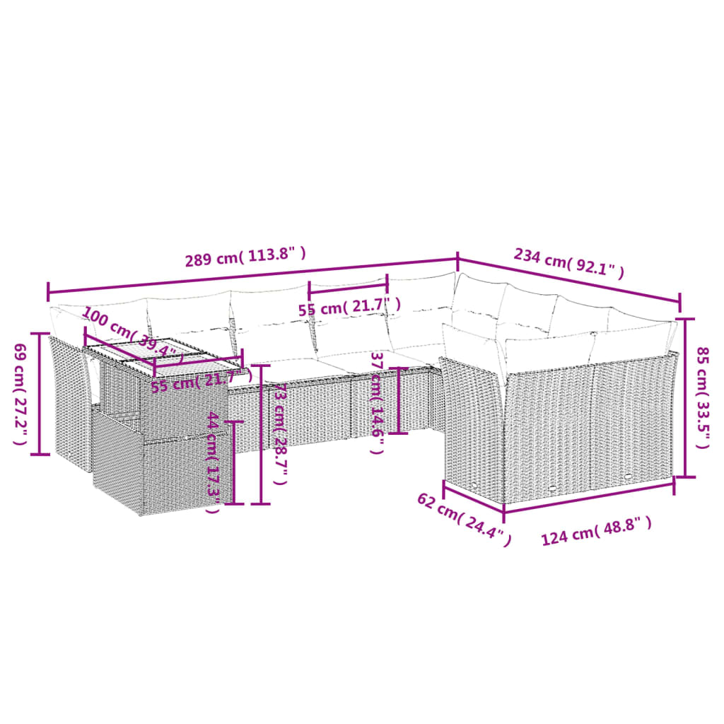 10-tlg. Garten-Sofagarnitur mit Kissen Schwarz Poly Rattan - Pazzar.ch