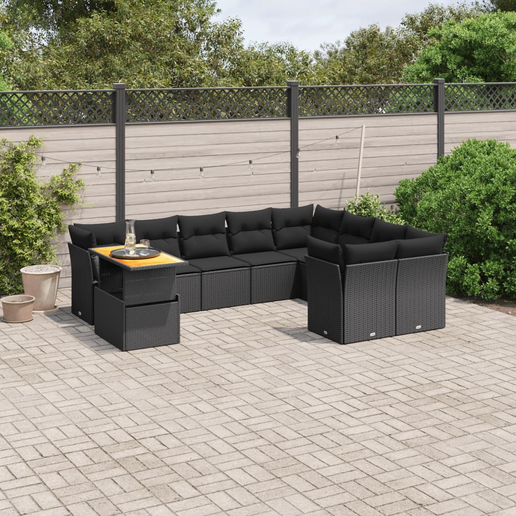 10-tlg. Garten-Sofagarnitur mit Kissen Schwarz Poly Rattan - Pazzar.ch