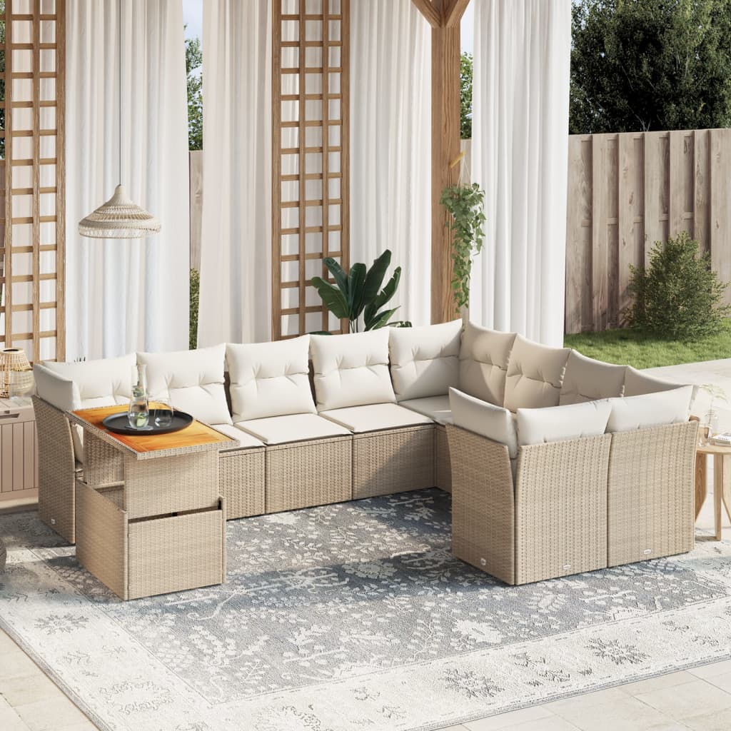 10-tlg. Garten-Sofagarnitur mit Kissen Beige Poly Rattan - Pazzar.ch