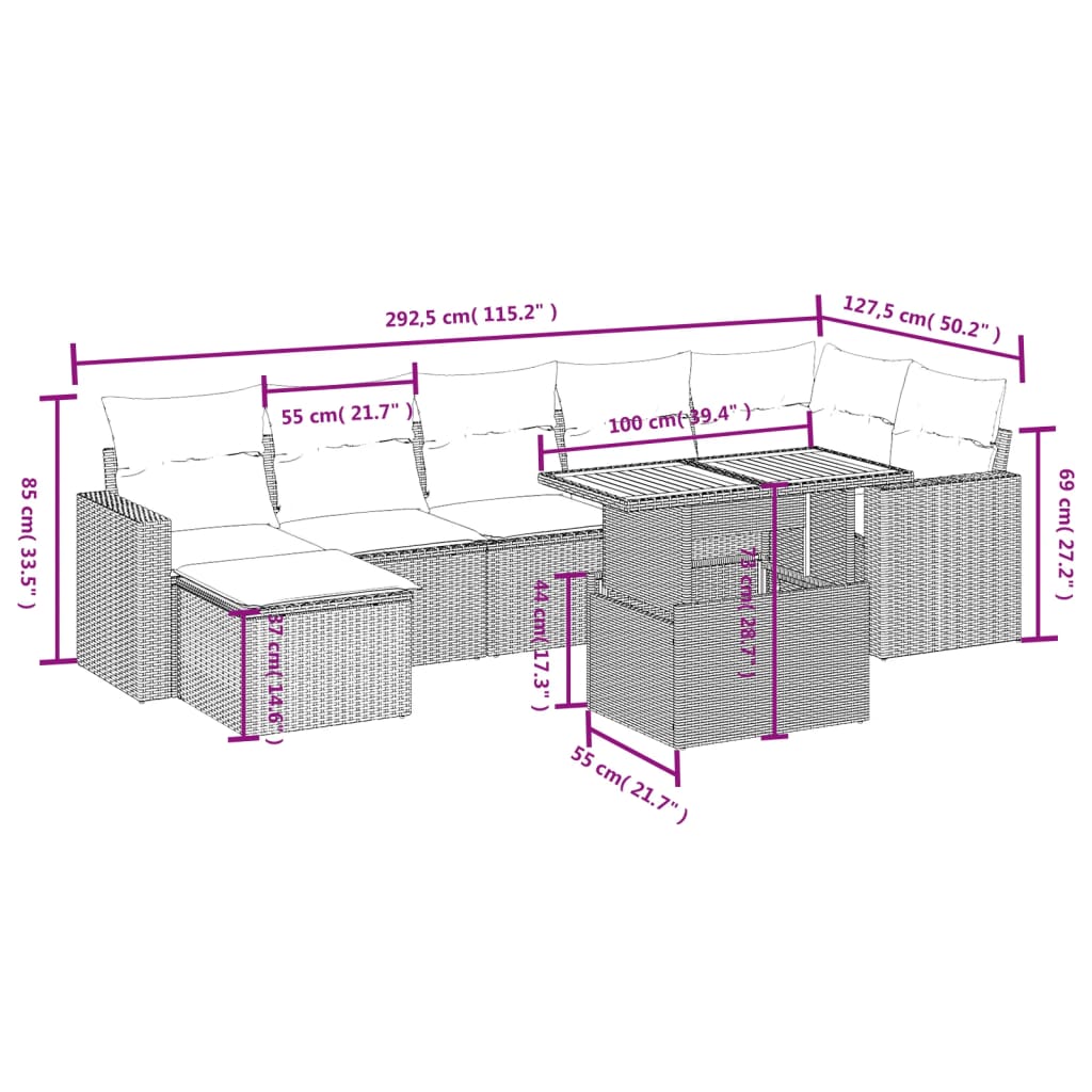 8-tlg. Garten-Sofagarnitur mit Kissen Schwarz Poly Rattan - Pazzar.ch