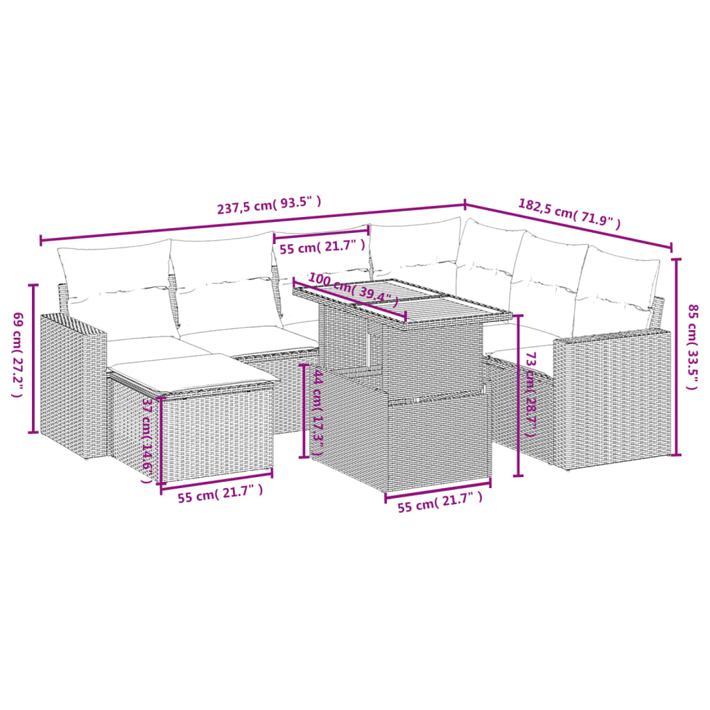 8-tlg. Garten-Sofagarnitur mit Kissen Schwarz Poly Rattan - Pazzar.ch