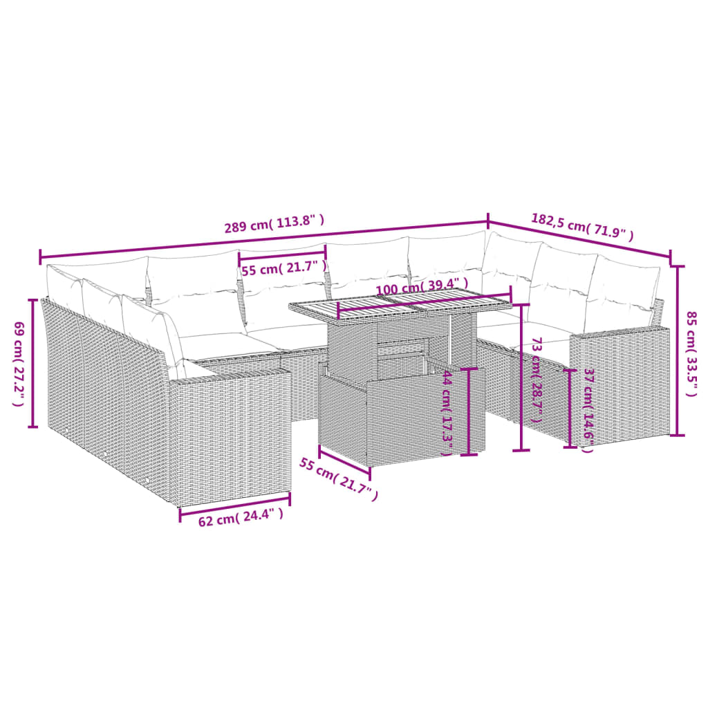 10-tlg. Garten-Sofagarnitur mit Kissen Schwarz Poly Rattan - Pazzar.ch