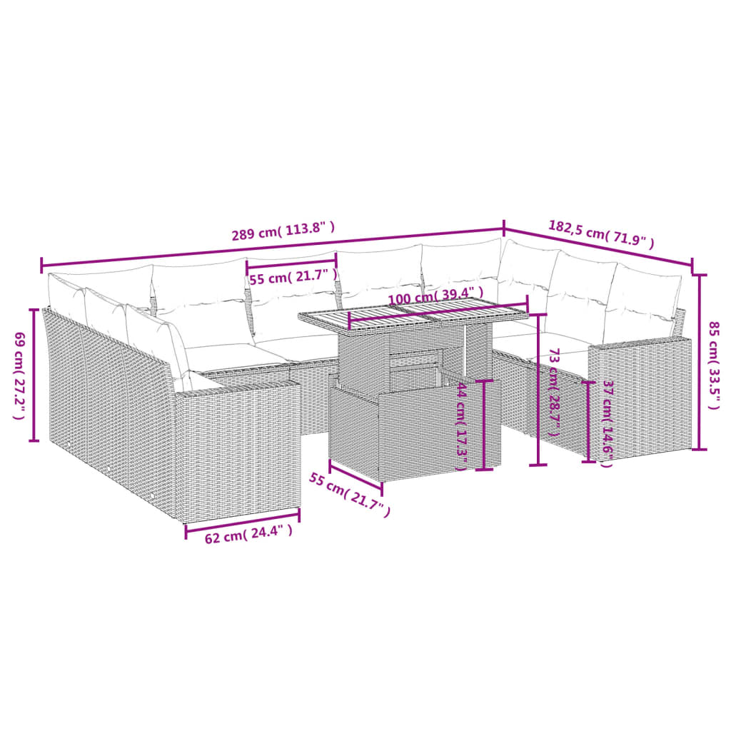 10-tlg. Garten-Sofagarnitur mit Kissen Grau Poly Rattan - Pazzar.ch