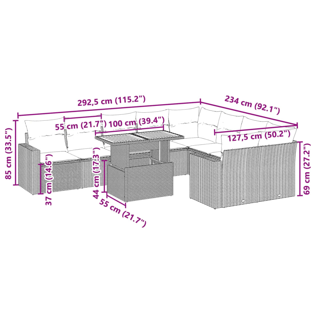 10-tlg. Garten-Sofagarnitur mit Kissen Schwarz Poly Rattan - Pazzar.ch