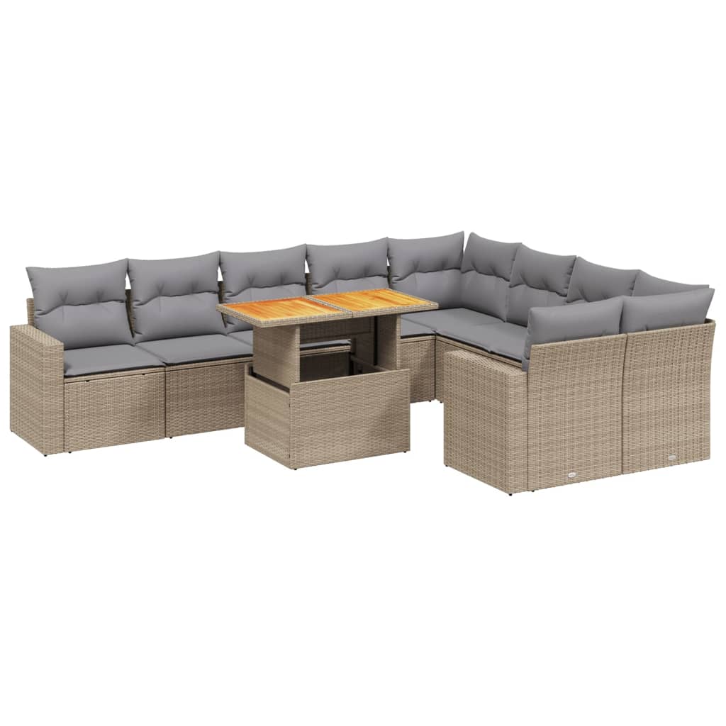 10-tlg. Garten-Sofagarnitur mit Kissen Beige Poly Rattan