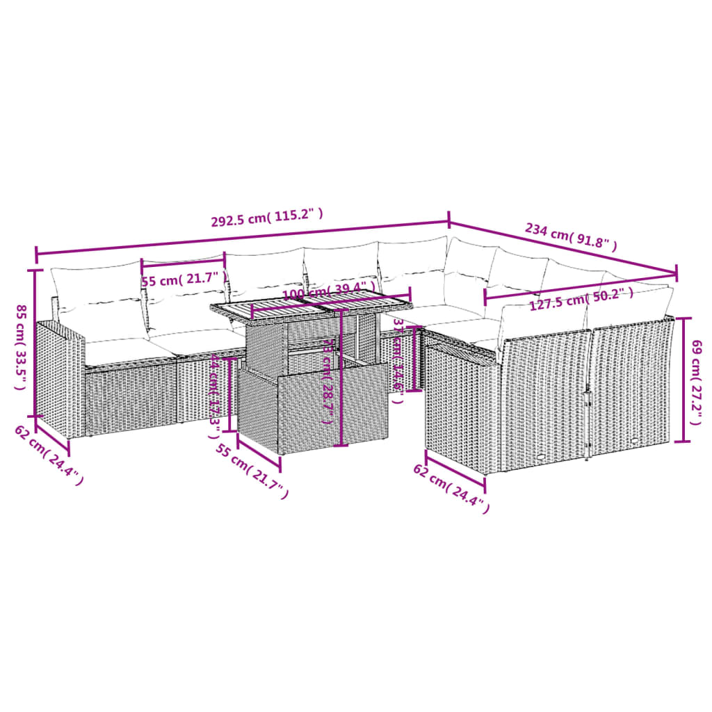 10-tlg. Garten-Sofagarnitur mit Kissen Grau Poly Rattan - Pazzar.ch