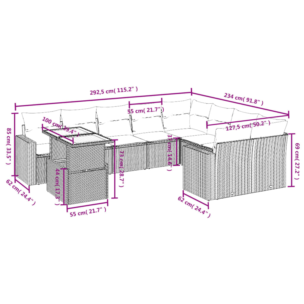 10-tlg. Garten-Sofagarnitur mit Kissen Schwarz Poly Rattan - Pazzar.ch