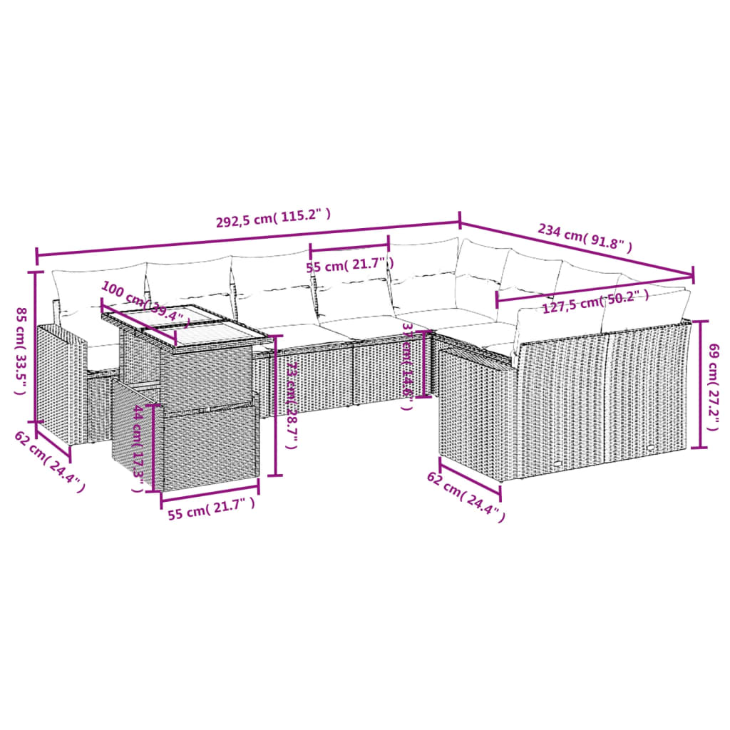 10-tlg. Garten-Sofagarnitur mit Kissen Schwarz Poly Rattan