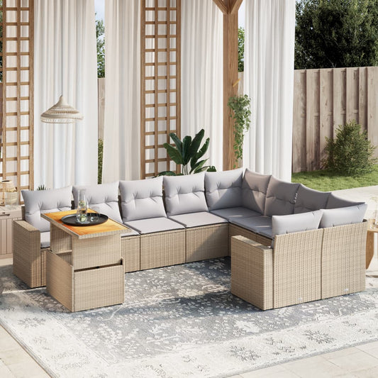 10-tlg. Garten-Sofagarnitur mit Kissen Beige Poly Rattan - Pazzar.ch