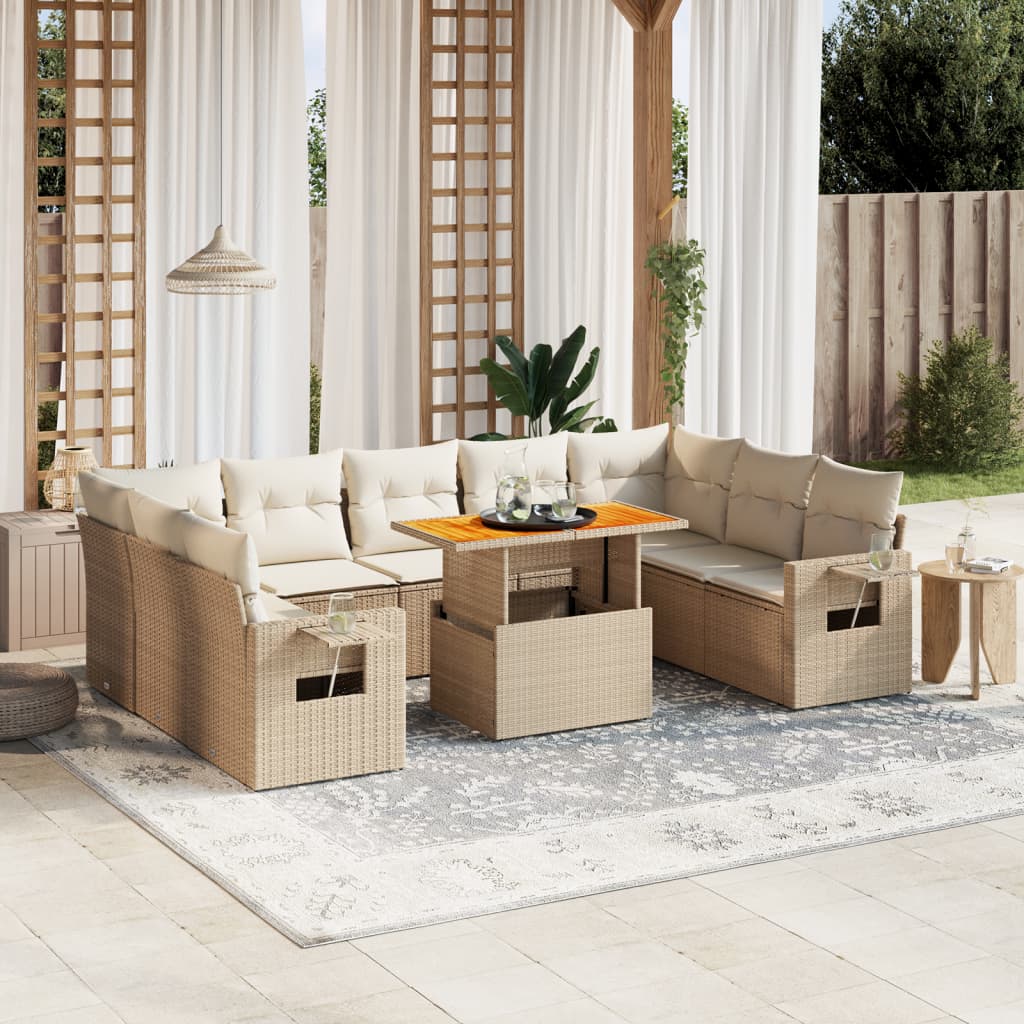 10-tlg. Garten-Sofagarnitur mit Kissen Beige Poly Rattan - Pazzar.ch