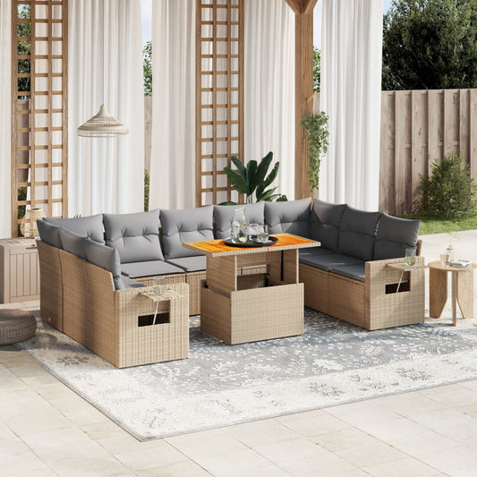 10-tlg. Garten-Sofagarnitur mit Kissen Beige Poly Rattan - Pazzar.ch