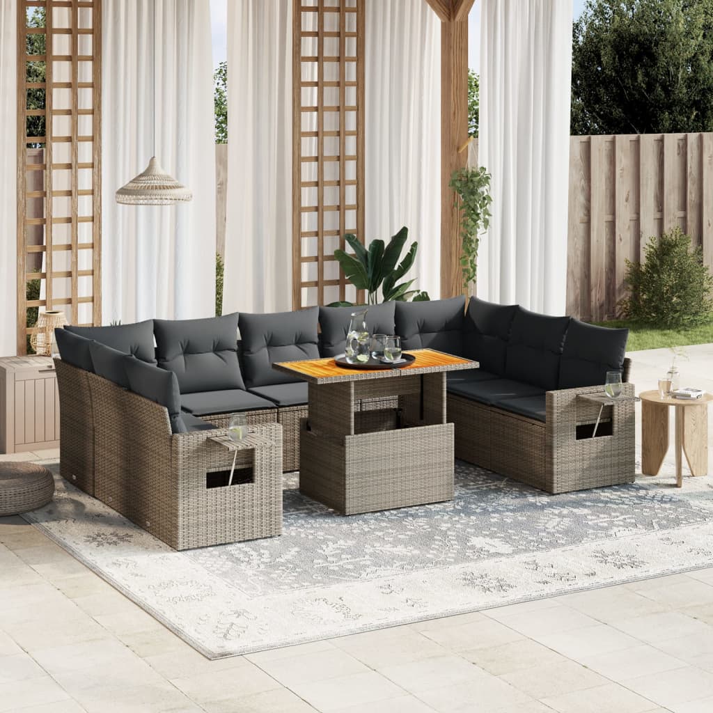 10-tlg. Garten-Sofagarnitur mit Kissen Grau Poly Rattan - Pazzar.ch