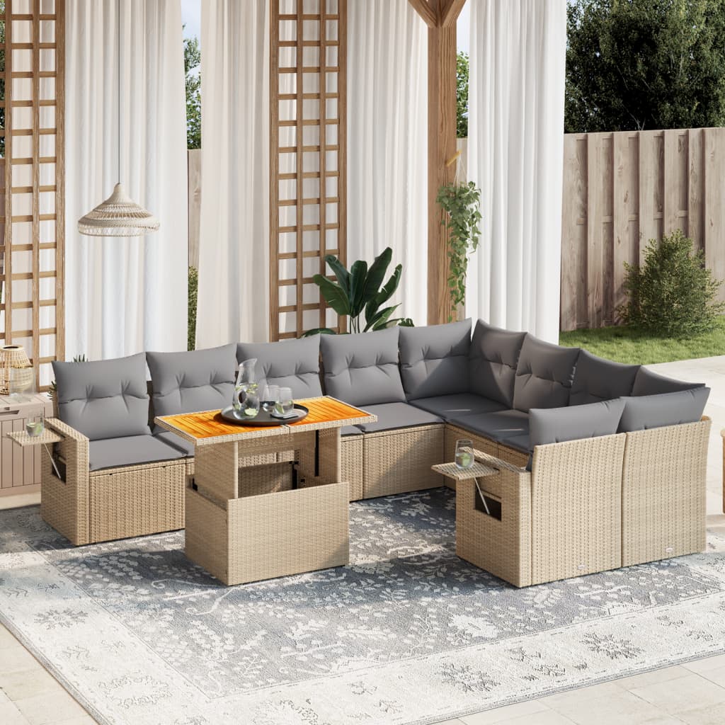 10-tlg. Garten-Sofagarnitur mit Kissen Beige Poly Rattan - Pazzar.ch