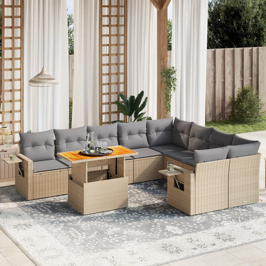 10-tlg. Garten-Sofagarnitur mit Kissen Beige Poly Rattan - Pazzar.ch