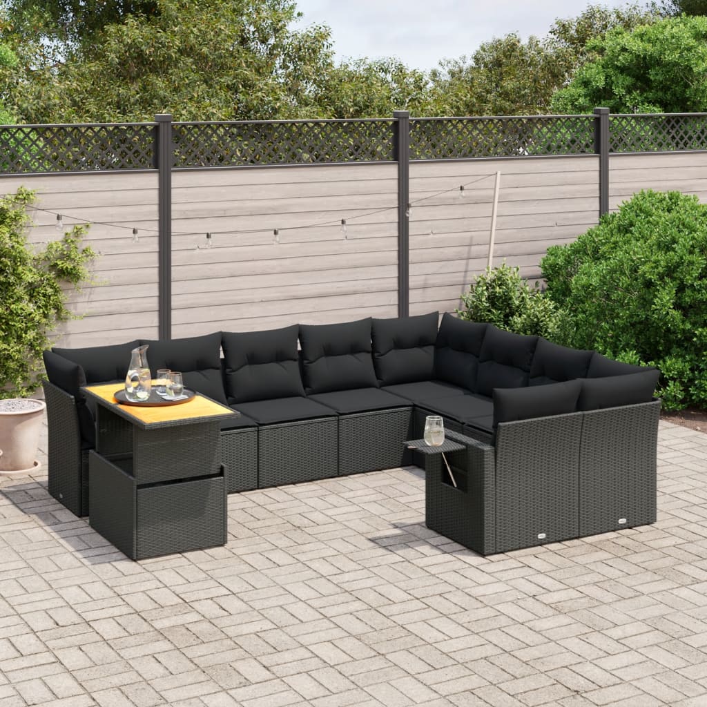 10-tlg. Garten-Sofagarnitur mit Kissen Schwarz Poly Rattan - Pazzar.ch