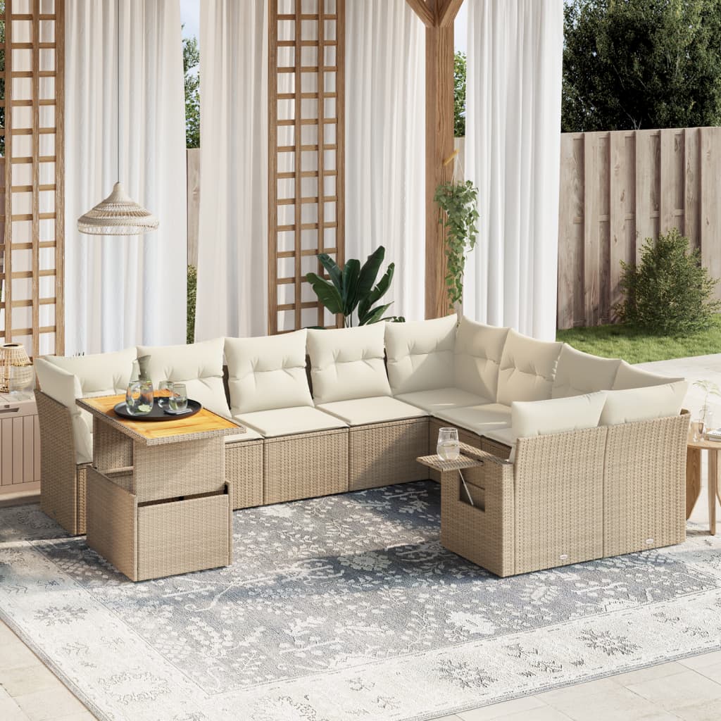 10-tlg. Garten-Sofagarnitur mit Kissen Beige Poly Rattan - Pazzar.ch