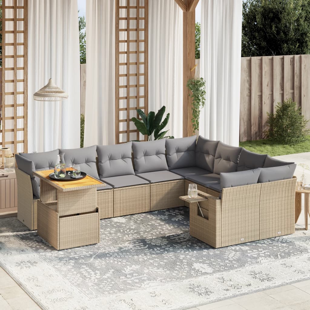 10-tlg. Garten-Sofagarnitur mit Kissen Beige Poly Rattan - Pazzar.ch