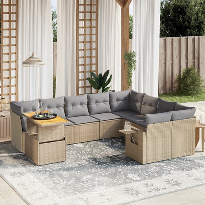 10-tlg. Garten-Sofagarnitur mit Kissen Beige Poly Rattan - Pazzar.ch