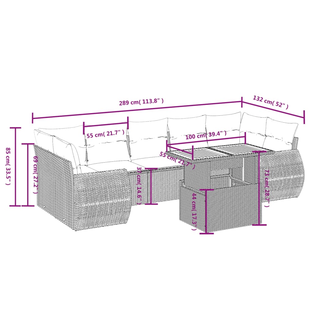 8-tlg. Garten-Sofagarnitur mit Kissen Schwarz Poly Rattan - Pazzar.ch