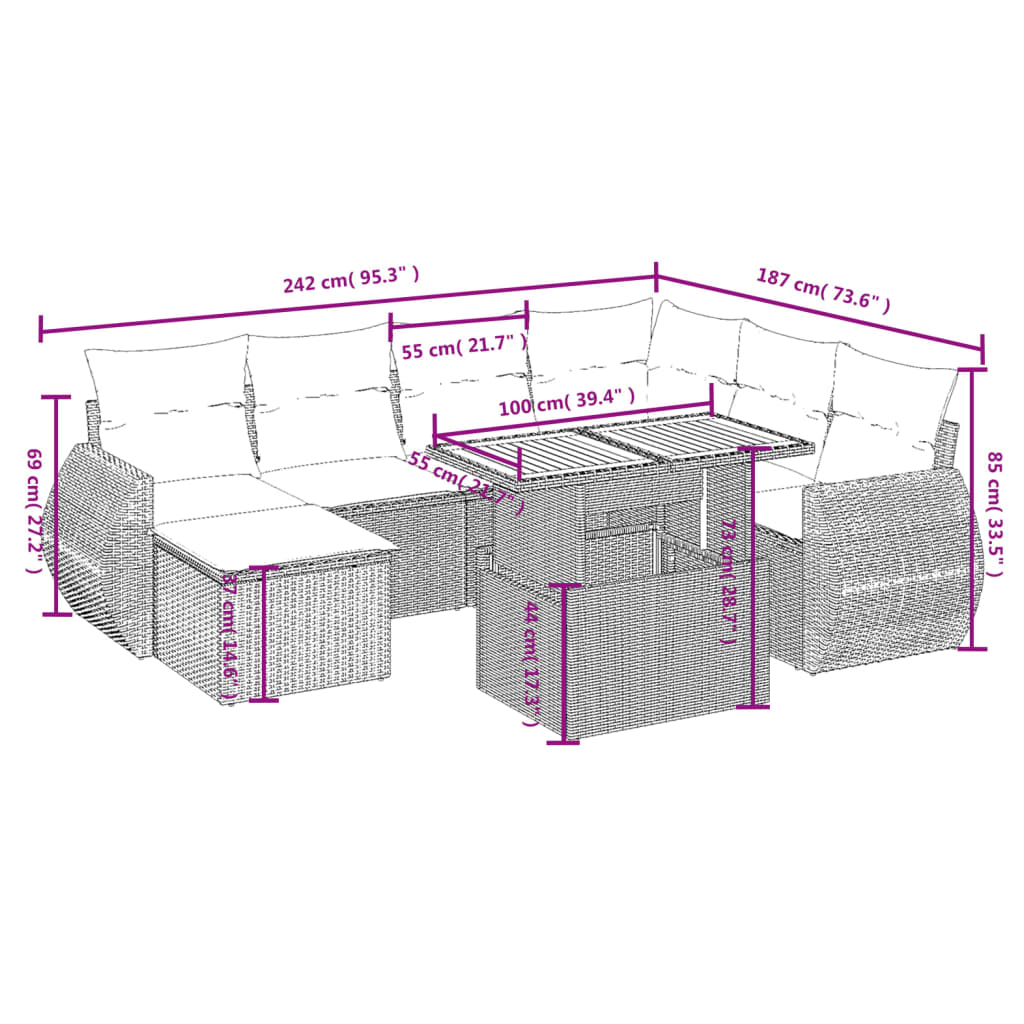 8-tlg. Garten-Sofagarnitur mit Kissen Schwarz Poly Rattan - Pazzar.ch